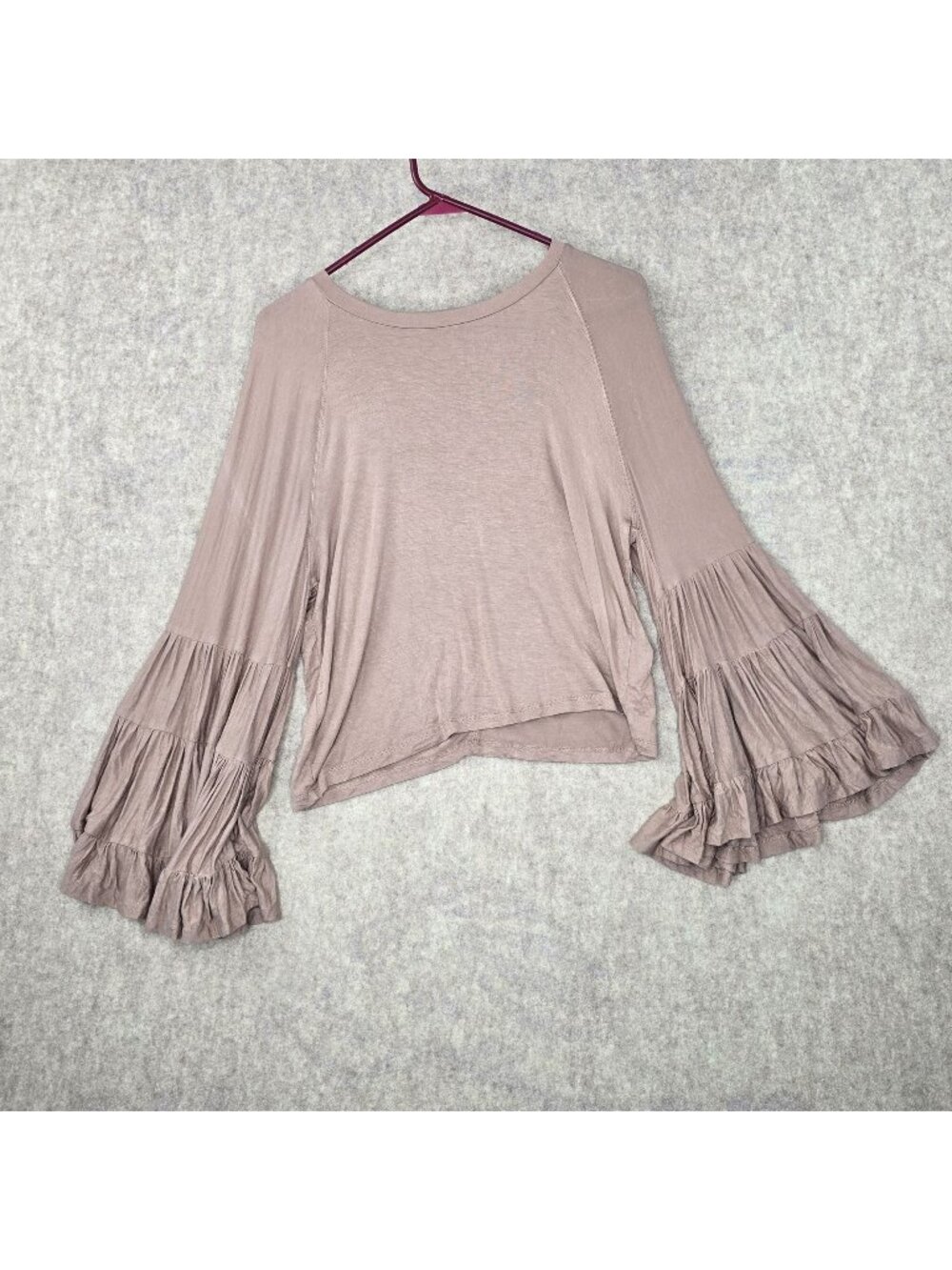 Tiered Bell Sleeve Women's Blouse Taupe Small Rayon Blend Relaxed Fit Boho Style